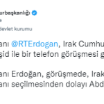 Cumhurbaşkanı Erdoğan, Iraklı mevkidaşı Reşid ile telefonda görüştü