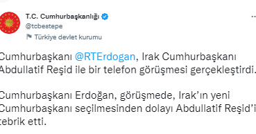 Cumhurbaşkanı Erdoğan, Iraklı mevkidaşı Reşid ile telefonda görüştü