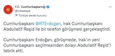 Cumhurbaşkanı Erdoğan, Iraklı mevkidaşı Reşid ile telefonda görüştü