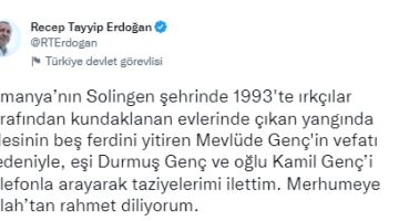 Cumhurbaşkanı Erdoğan’dan Mevlüde Genç için taziye mesajı