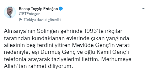 Cumhurbaşkanı Erdoğan'dan Mevlüde Genç için taziye mesajı