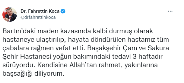 Bakan Koca: "Bartın'daki maden kazasında yaralanan hastamız tüm çabalara rağmen vefat etti"