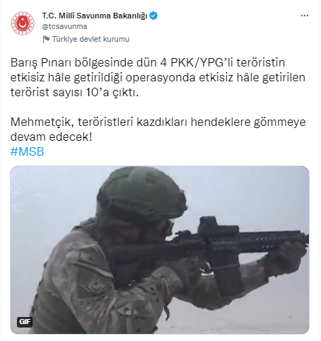 Barış Pınarı bölgesinde etkisiz hale getirilen terörist sayısı 10'a çıktı