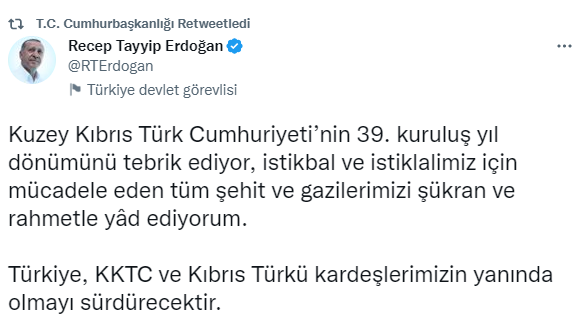Cumhurbaşkanı Erdoğan, KKTC'nin 39