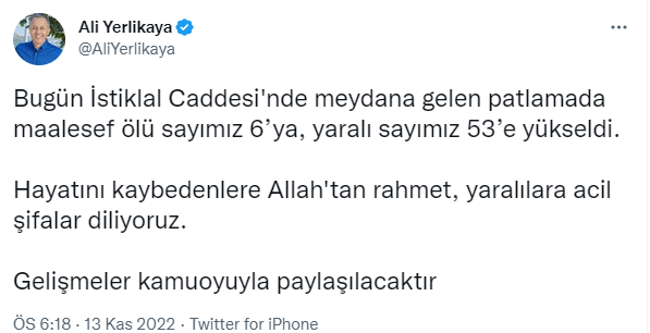 İstiklal Caddesi'ndeki patlamada 6 kişi hayatını kaybetti