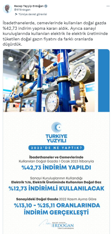 İbadethaneler ve cemevlerinde kullanılan doğalgaza indirim yapıldı