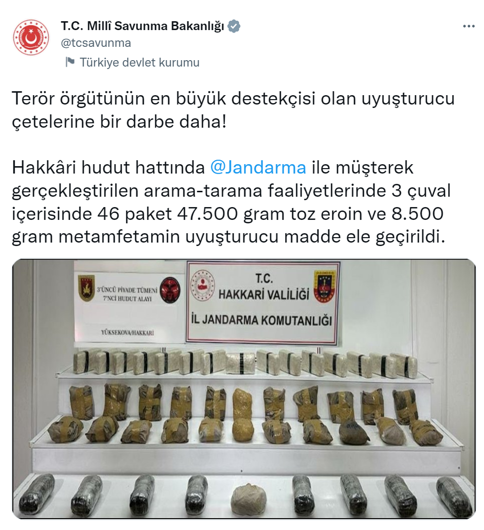 Hakkari hudut hattında 47 bin 500 gram toz eroin ele geçirildi