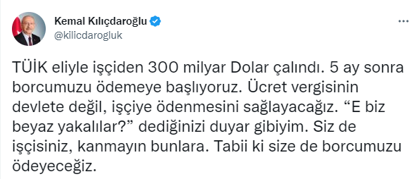 Kılıçdaroğlu: "Ücret vergisinin devlete değil, işçiye ödenmesini sağlayacağız"