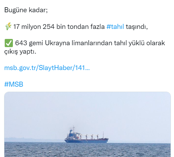 MSB: "Ukrayna limanlarından 17 milyon 254 bin tondan fazla tahıl taşındı"