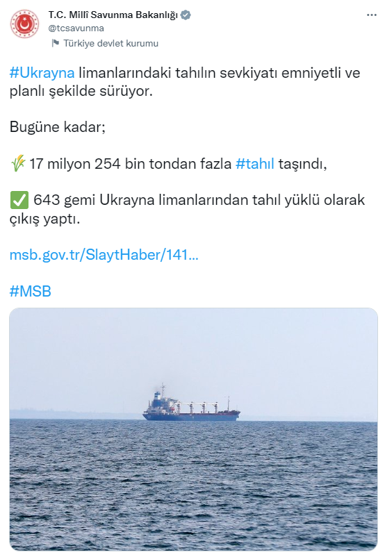 MSB: "Ukrayna limanlarından 17 milyon 254 bin tondan fazla tahıl taşındı"