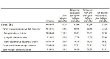 Tarım ürünleri üretici fiyat endeksi (Tarım-ÜFE) yıllık yüzde 52,66, aylık yüzde 6,34 arttı